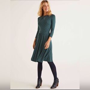 Boden Mira Hunter Green Scattered Blue Spot Jersey Dress sz 10 EUC